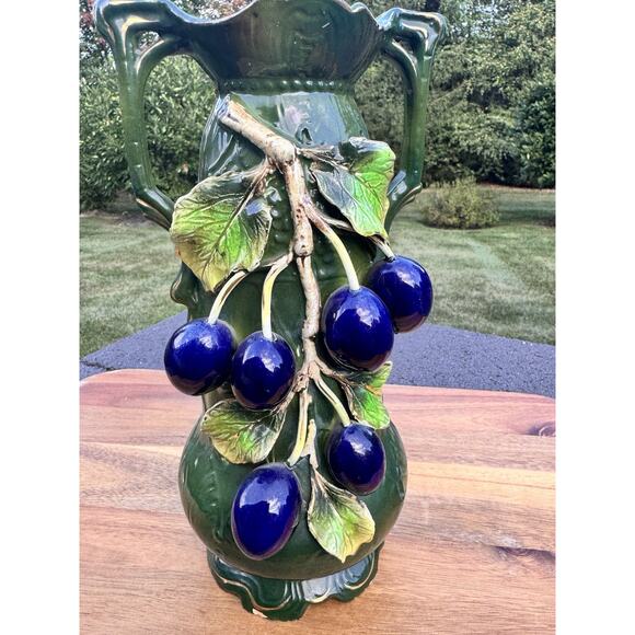 Vintage Josef Strnact Art Nouveau Majolica Vase With Grapes On Branches 11” Tall - Picture 12 of 12